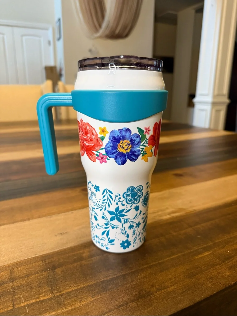 The Pioneer Woman White Mug with Teal Handle and Multicolor Floral Trim, 40oz